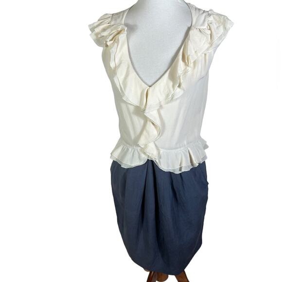 Rebecca Taylor Silk and Linen Cream and Slate Blue Fitted Dress Size 6 - Picture 2 of 9